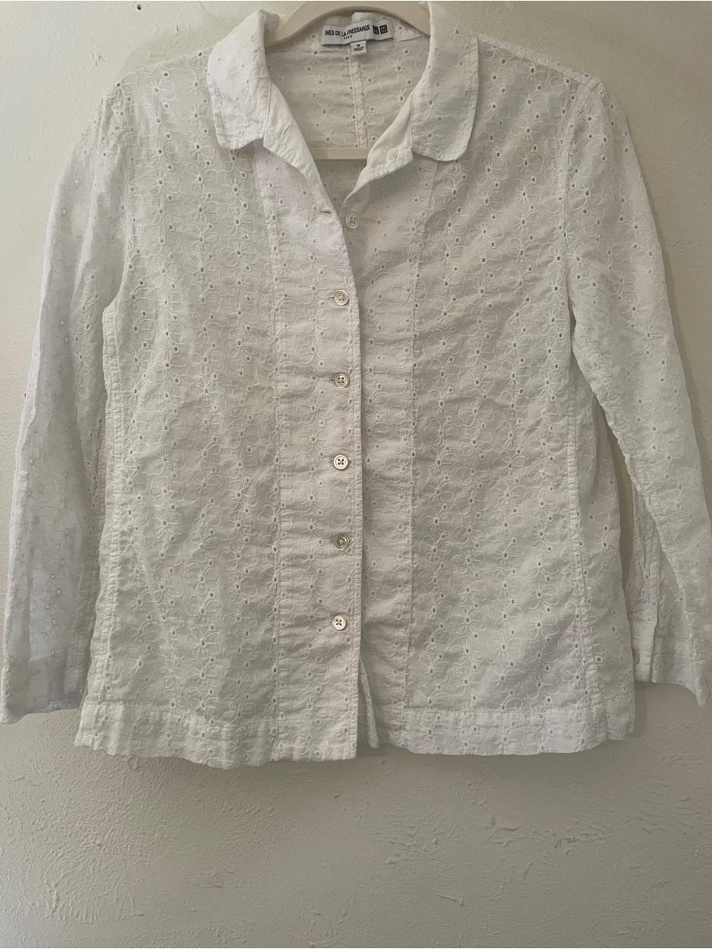 Uniqlo Ines de la Fressange White Eyelet Embroidered Cotton Shirt M Button Up